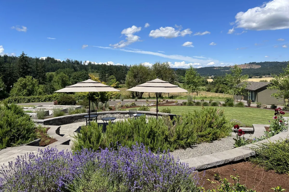 This image features a deck with two umbrellas shading a comfortable seating area, surrounded by lush lavender plants and a manicured garden. In the background, gentle hills stretch into the distance, emphasizing the tranquil, open-air setting. The space invites relaxation and intimate outdoor gatherings.