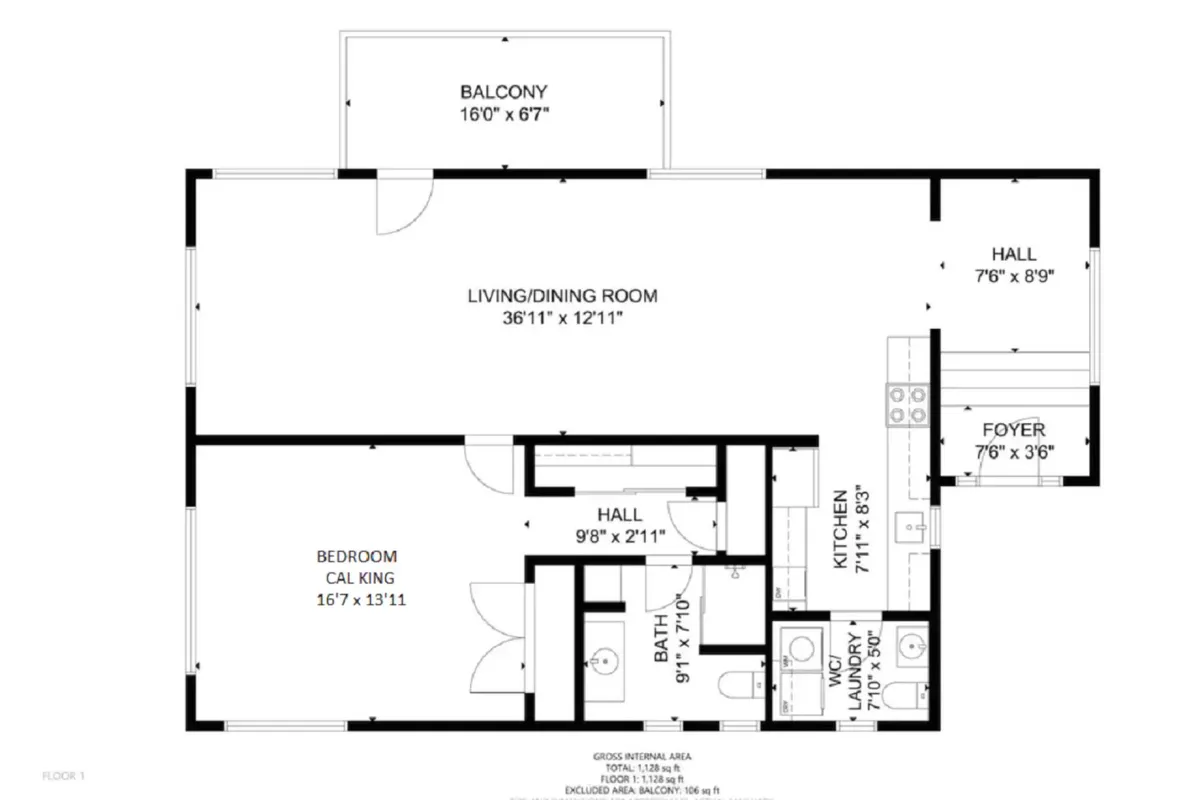 A bright, spacious interior scene featuring the living/dining area and a fully equipped kitchen, with a balcony offering sunset views. The room is inviting and designed for entertaining, cooking, and relaxing, highlighting the connection between indoor meal preparation and outdoor enjoyment.